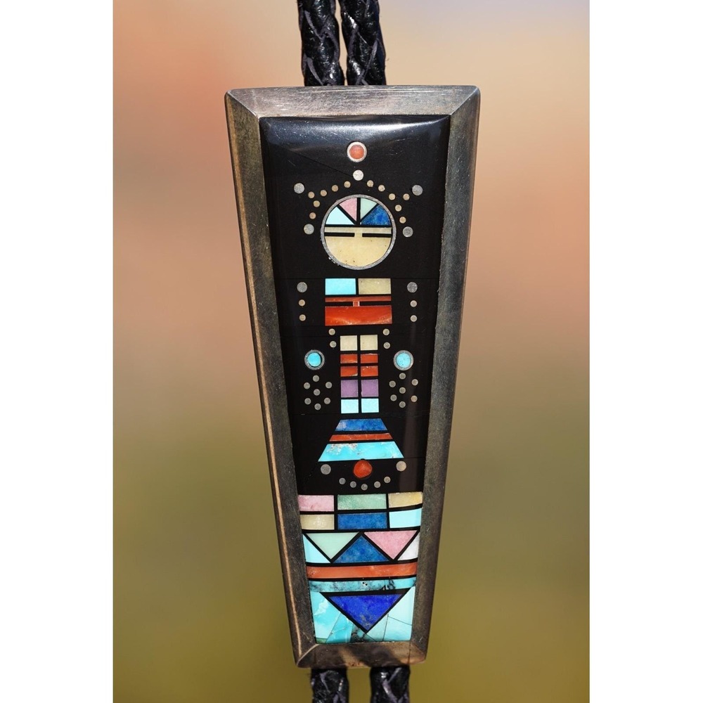 Jim Harrison - Navajo Native American Indian Sterling Inlay Multi Stone Bolo Tie